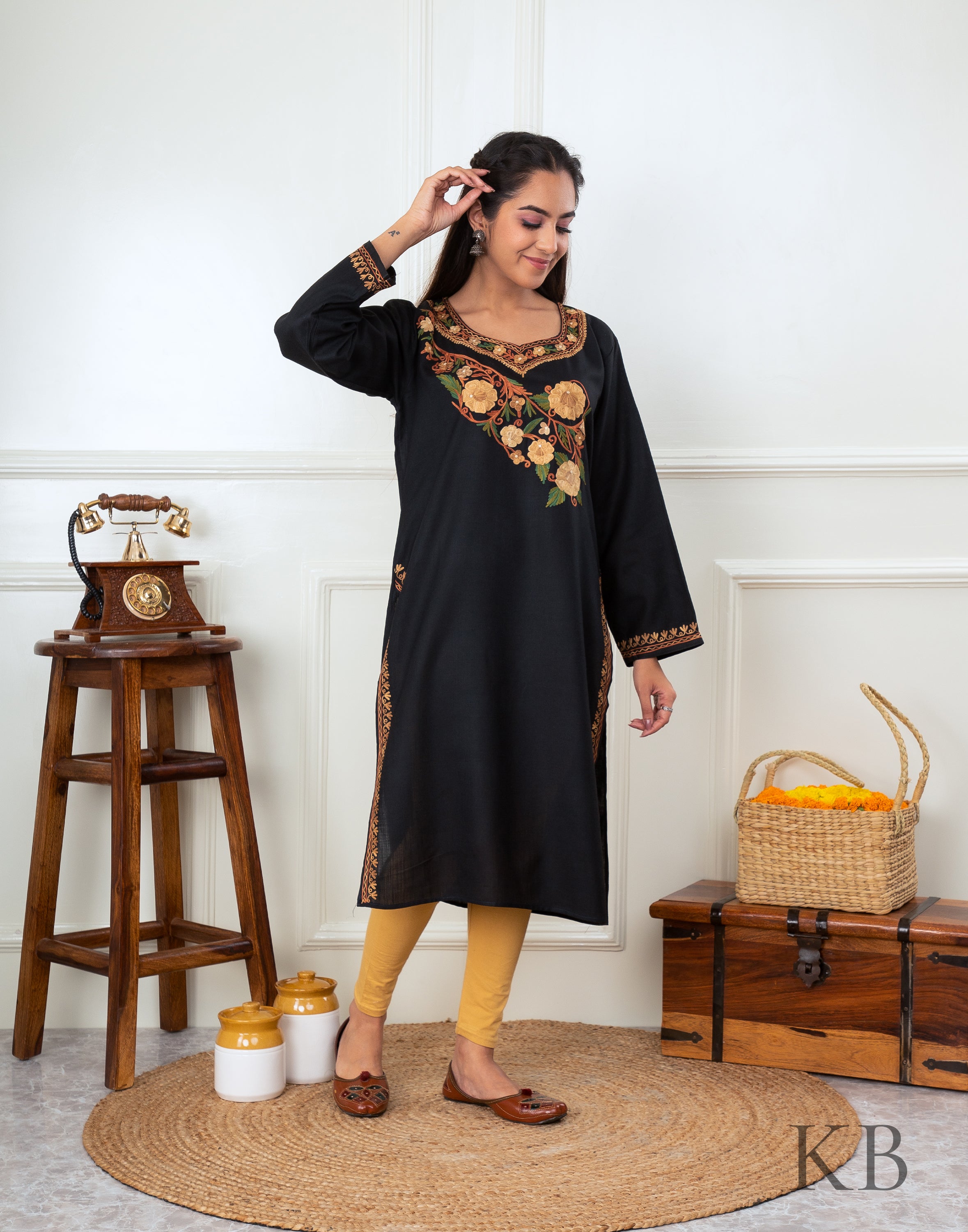 Black Rayon Floral Embroidered Straight Kurta With Gota Patti Lace at Soch